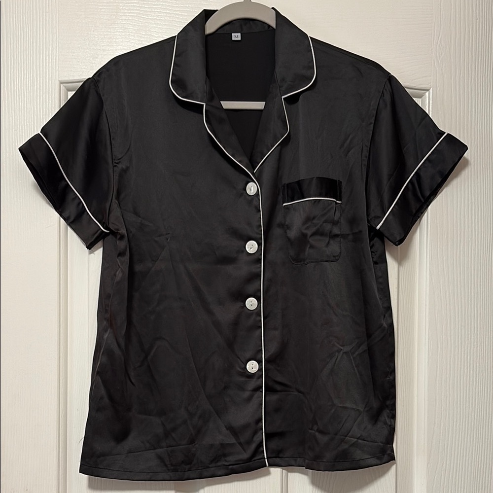 Women's Black Satin Pajama Top and Shorts Set